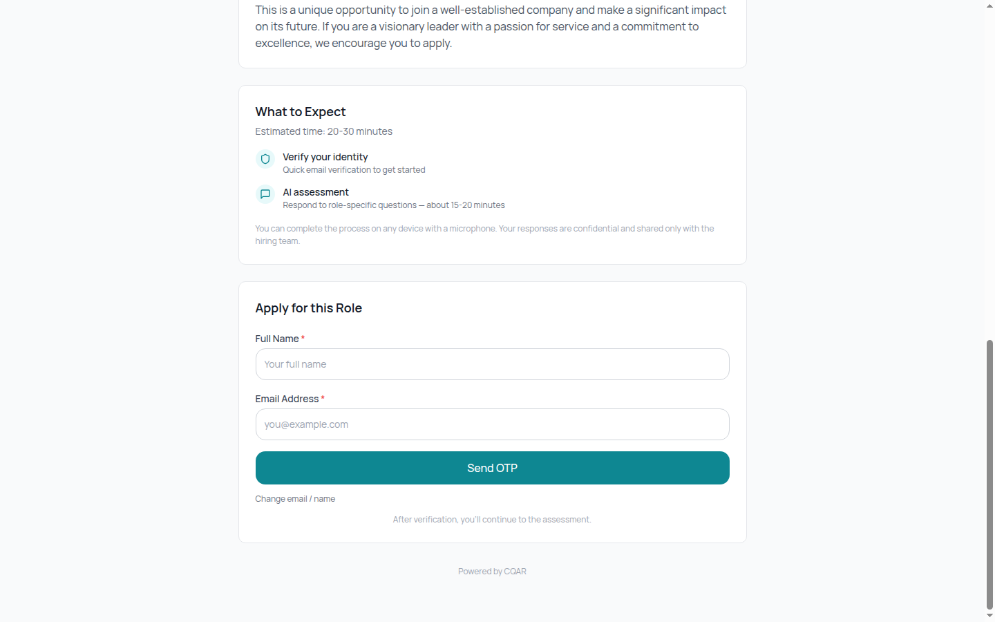 What to Expect — 20-30 minutes, identity verification, AI assessment — plus the application form