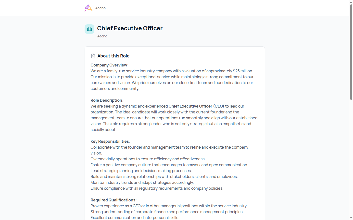 The application landing page showing role details and an About section
