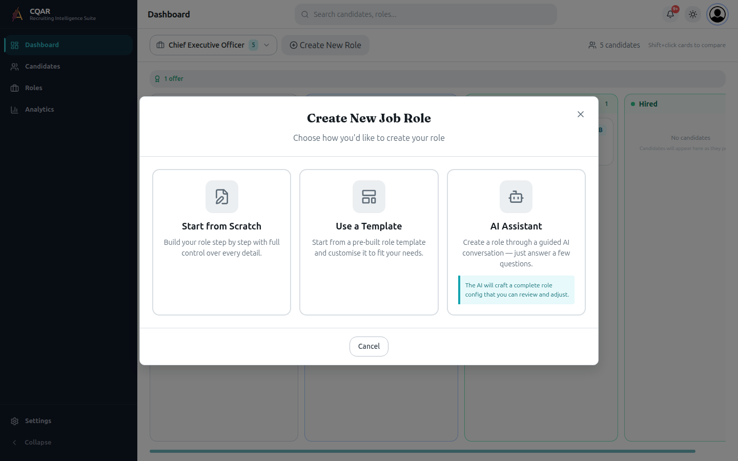 Create New Job Role modal with three options: Start from Scratch, Use a Template, AI Assistant