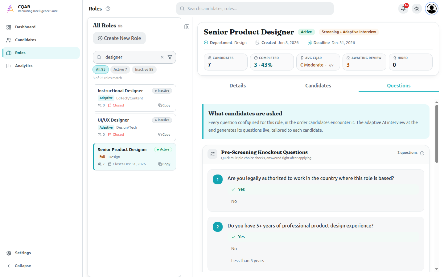A role's Questions tab laying out the candidate journey: pre-screening knockouts, technical assessment, screening questions, then the adaptive AI interview