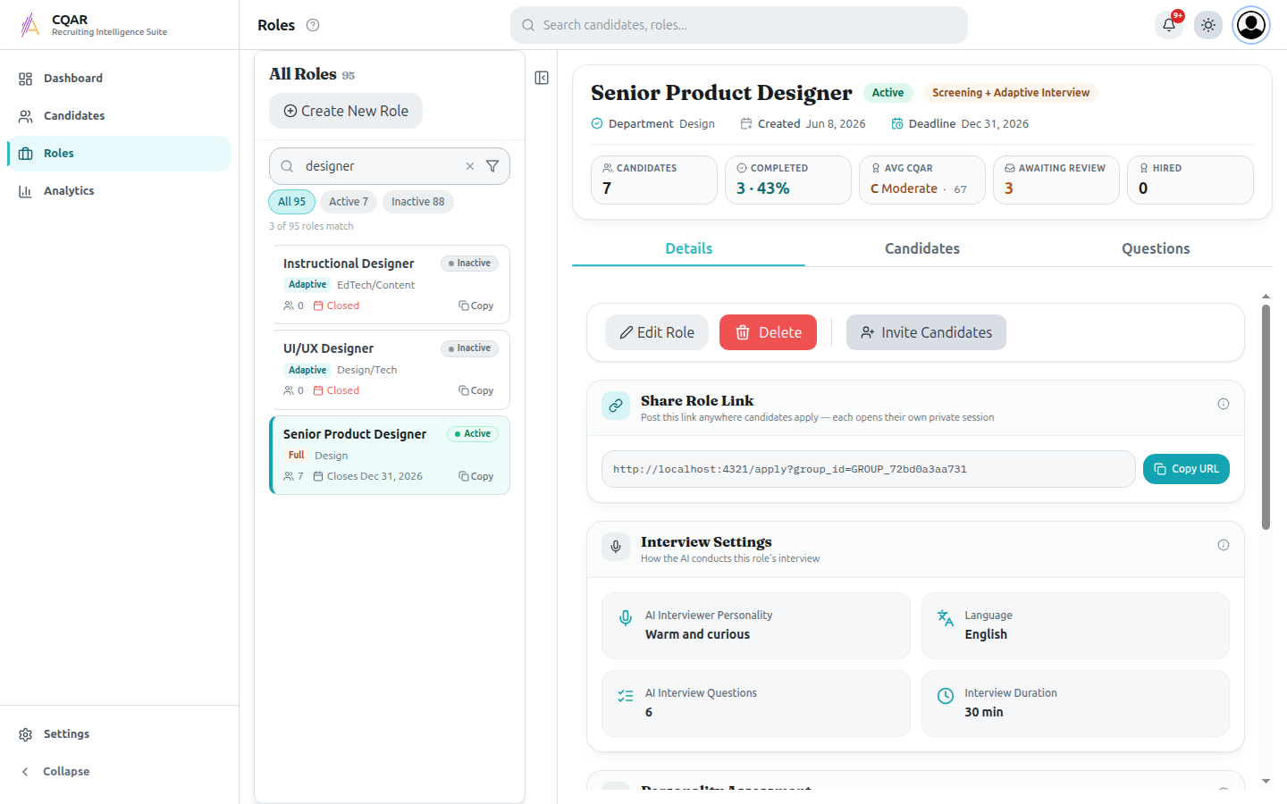 The Roles workspace: searchable role rail with status filters and the selected role's health header