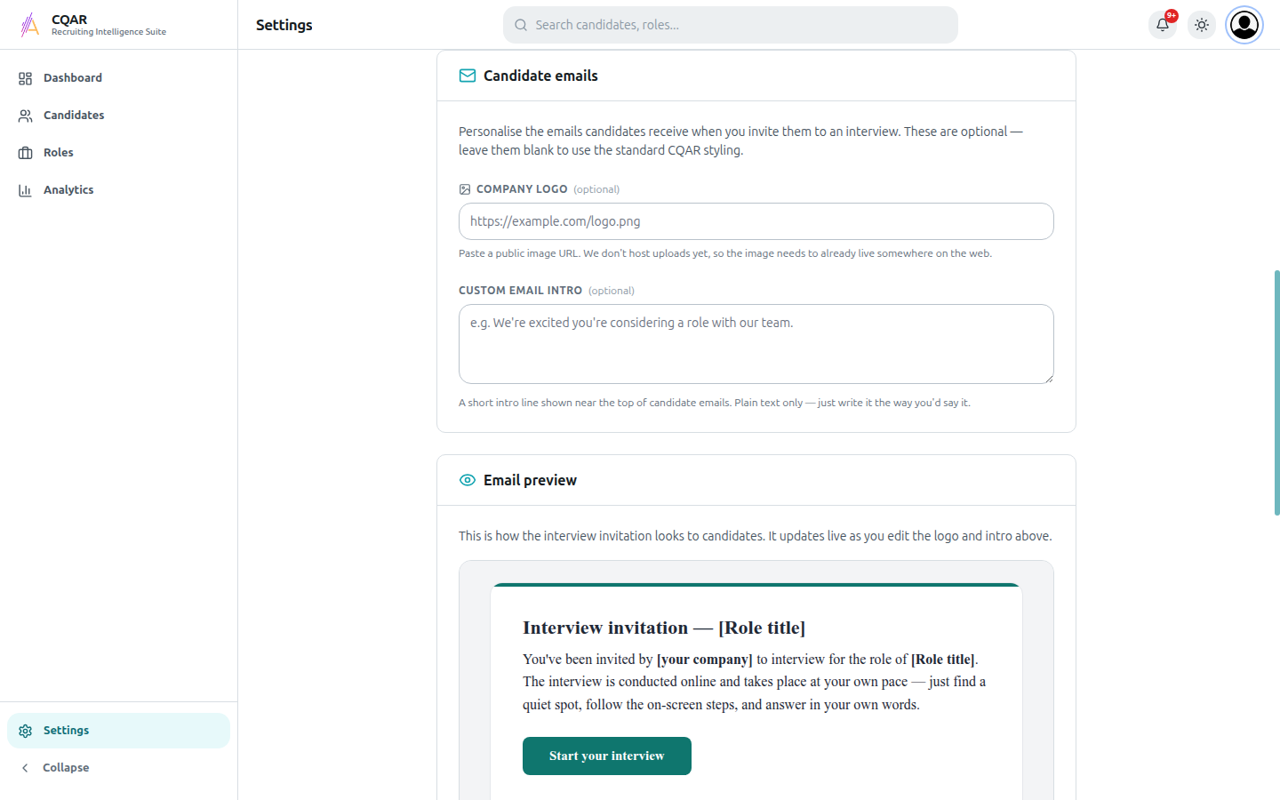 Settings: Candidate emails branding (logo URL and custom intro) with a live interview-invitation preview
