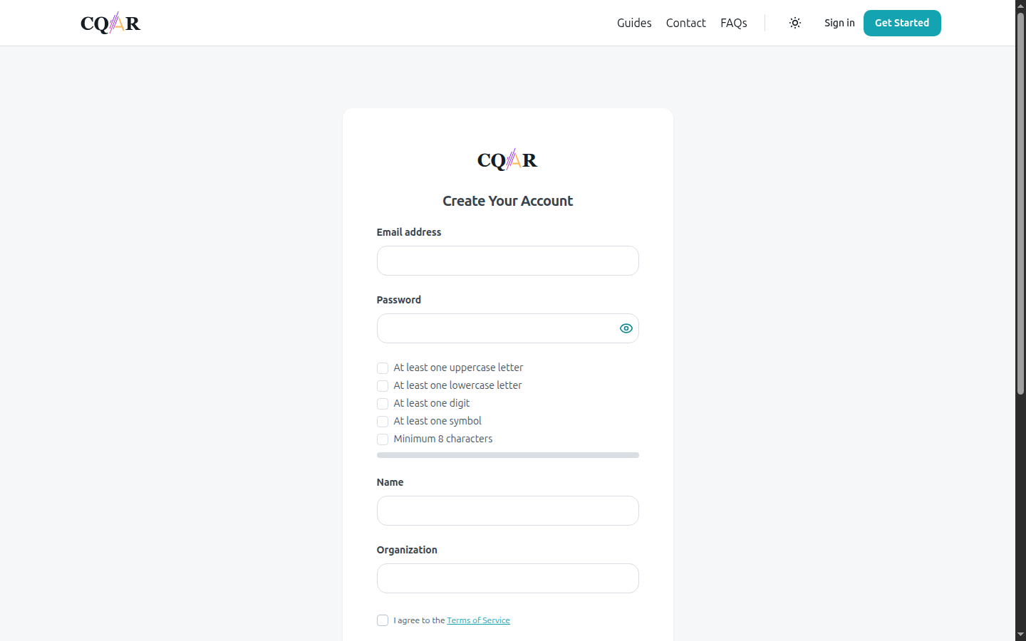 The Create Your Account form — work email, password, name, and organisation