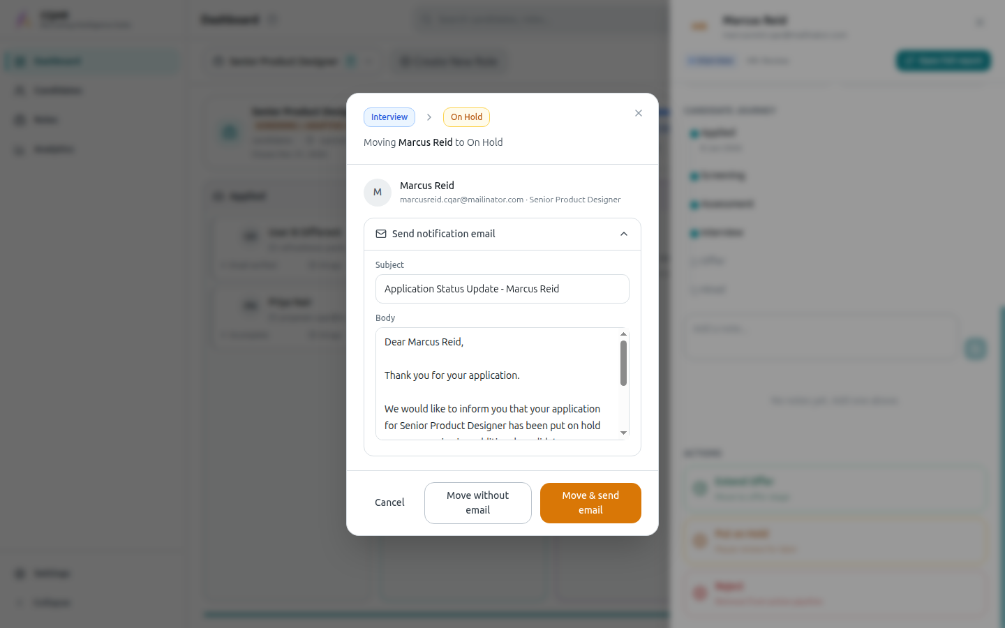 Stage-move dialog: Interview to On Hold, with an editable notification email (subject and body) and a Move without email option